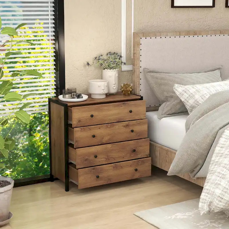 Commode à 4 tiroirs Meuble de rangement en bois Chêne Gris