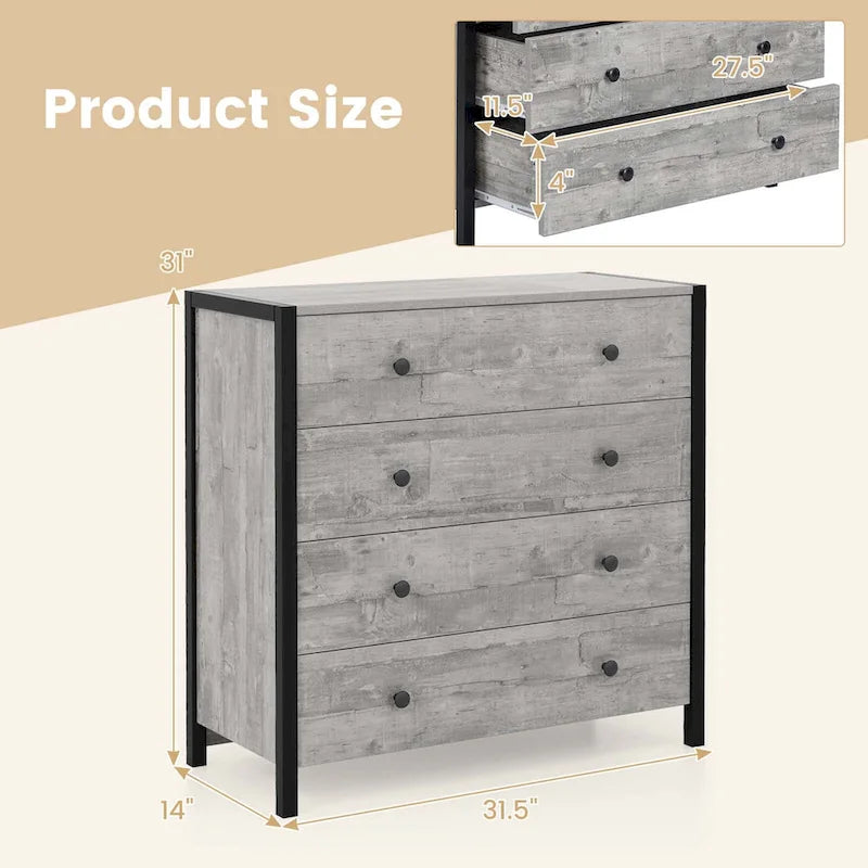 Commode à 4 tiroirs Meuble de rangement en bois Chêne Gris