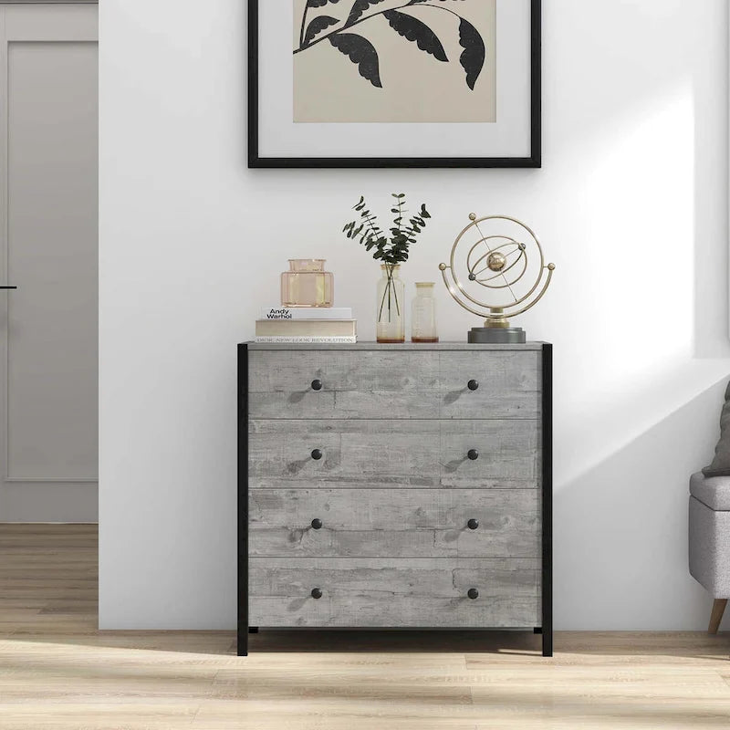 Commode à 4 tiroirs Meuble de rangement en bois Chêne Gris