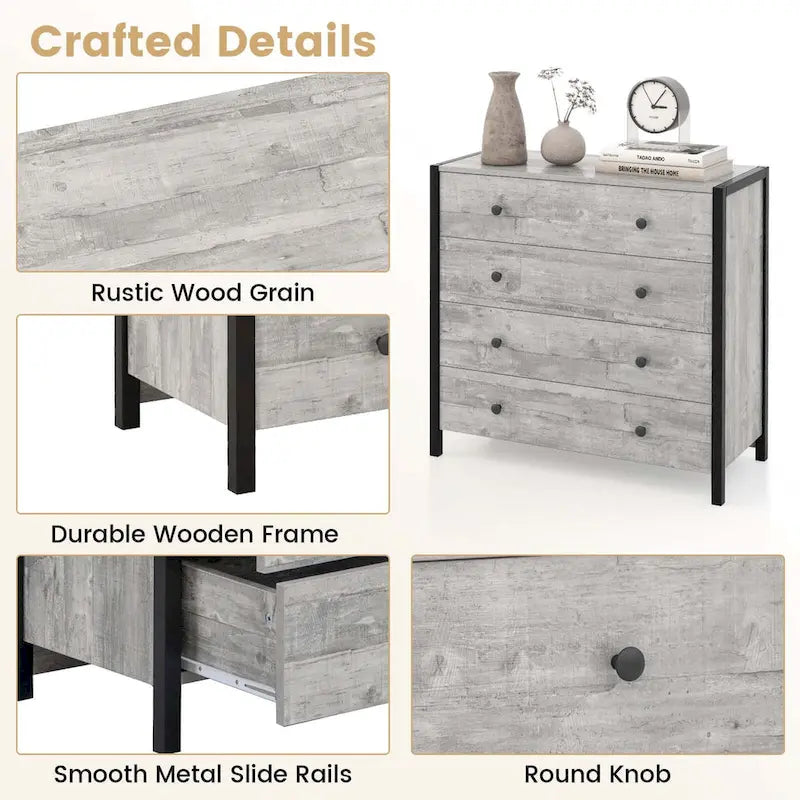 Commode à 4 tiroirs Meuble de rangement en bois Chêne Gris