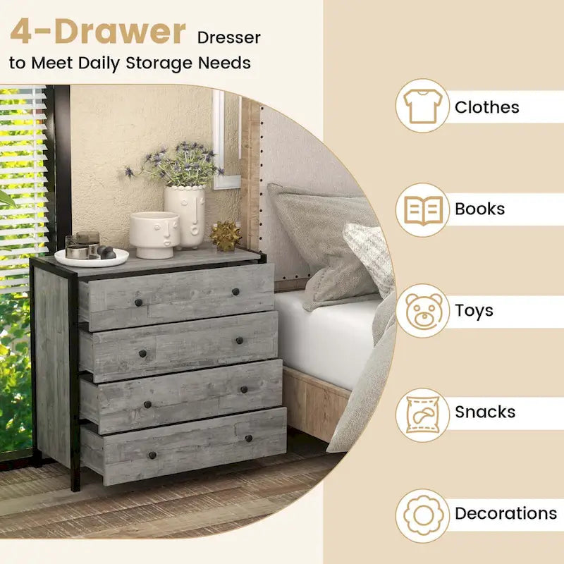 Commode à 4 tiroirs Meuble de rangement en bois Chêne Gris