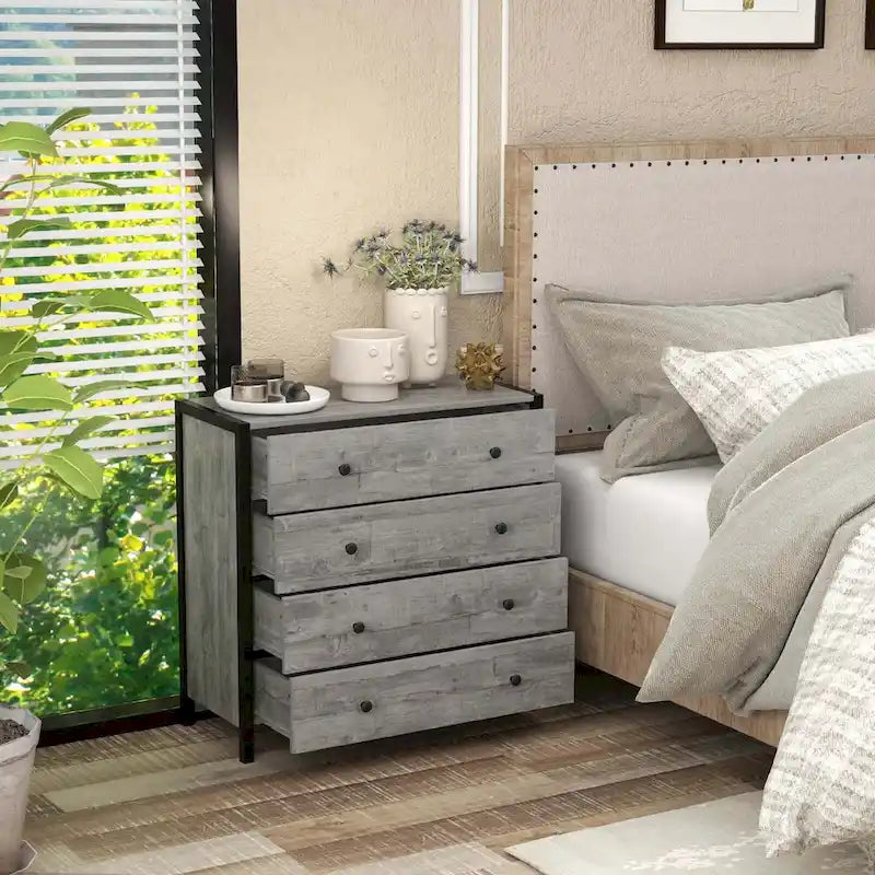 Commode à 4 tiroirs Meuble de rangement en bois Chêne Gris