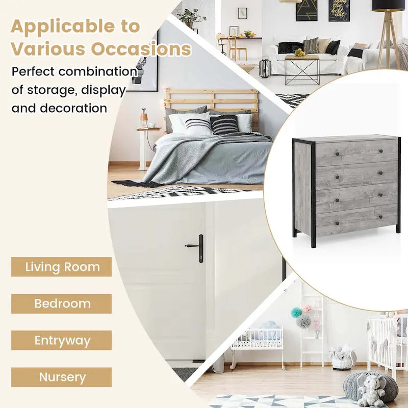 Commode à 4 tiroirs Meuble de rangement en bois Chêne Gris