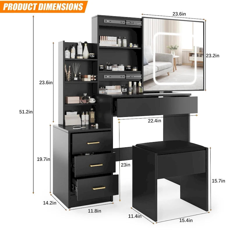 Coiffeuse de Maquillage Lumineuse à LED avec Miroir, Tiroirs et Tabouret Rembourré