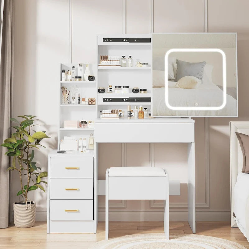 Coiffeuse de Maquillage Lumineuse à LED avec Miroir, Tiroirs et Tabouret Rembourré