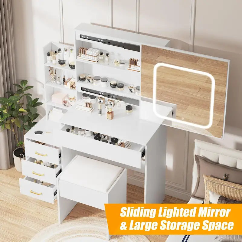 Coiffeuse de Maquillage Lumineuse à LED avec Miroir, Tiroirs et Tabouret Rembourré