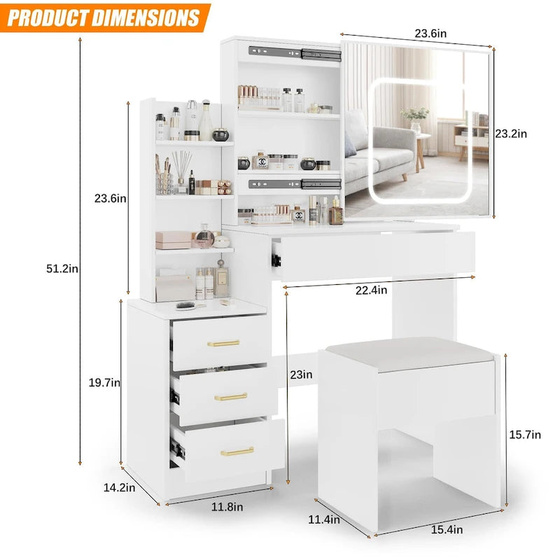 Coiffeuse de Maquillage Lumineuse à LED avec Miroir, Tiroirs et Tabouret Rembourré