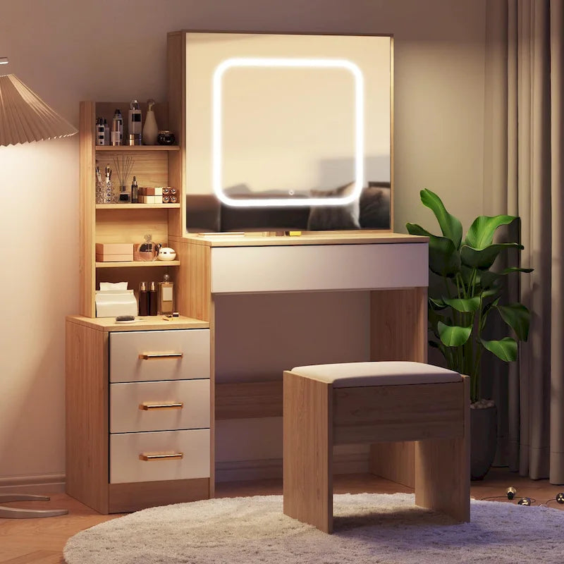 Coiffeuse de Maquillage Lumineuse à LED avec Miroir, Tiroirs et Tabouret Rembourré
