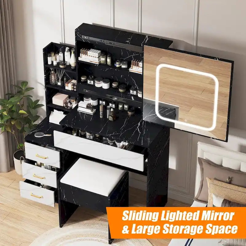 Coiffeuse de Maquillage Lumineuse à LED avec Miroir, Tiroirs et Tabouret Rembourré