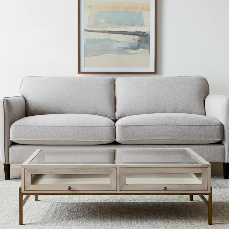 Table basse de rangement Off White Clear Gold en bois massif, verre et fer