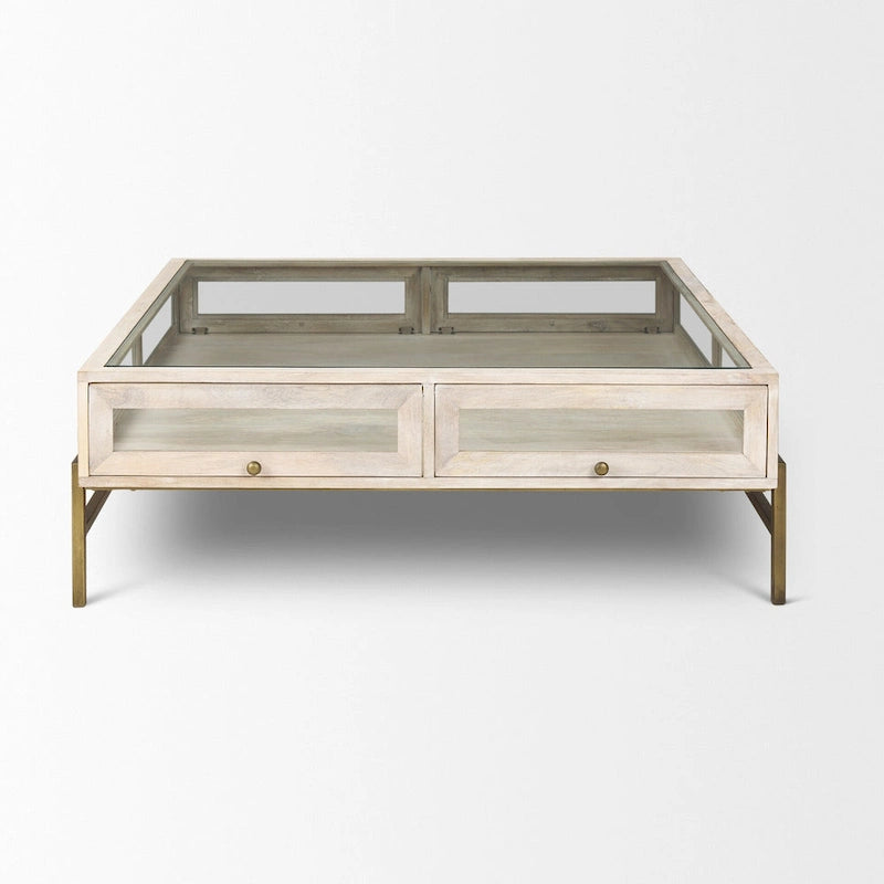 Table basse de rangement Off White Clear Gold en bois massif, verre et fer