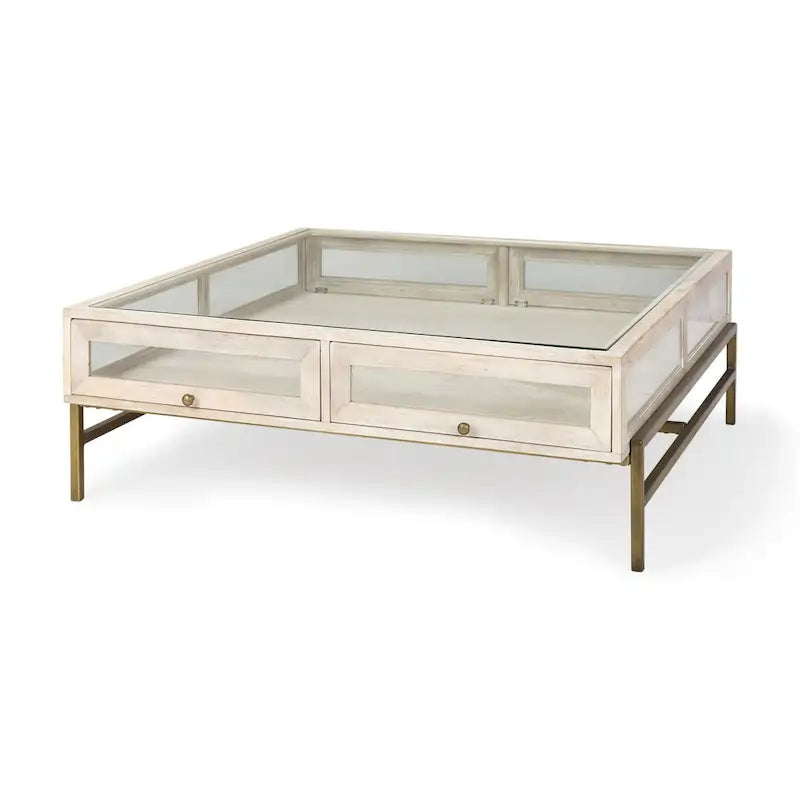 Table basse de rangement Off White Clear Gold en bois massif, verre et fer
