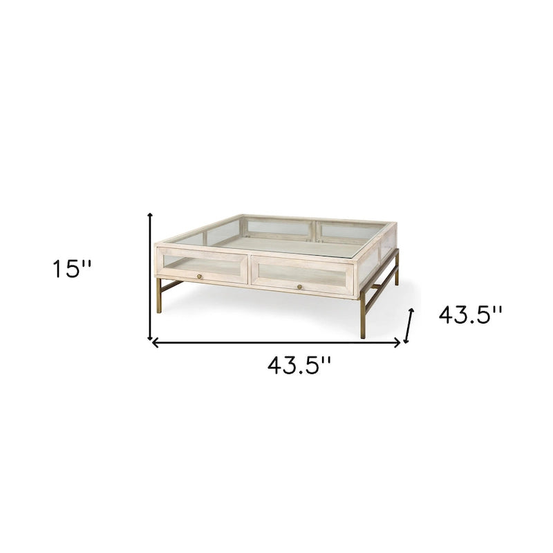 Table basse de rangement Off White Clear Gold en bois massif, verre et fer