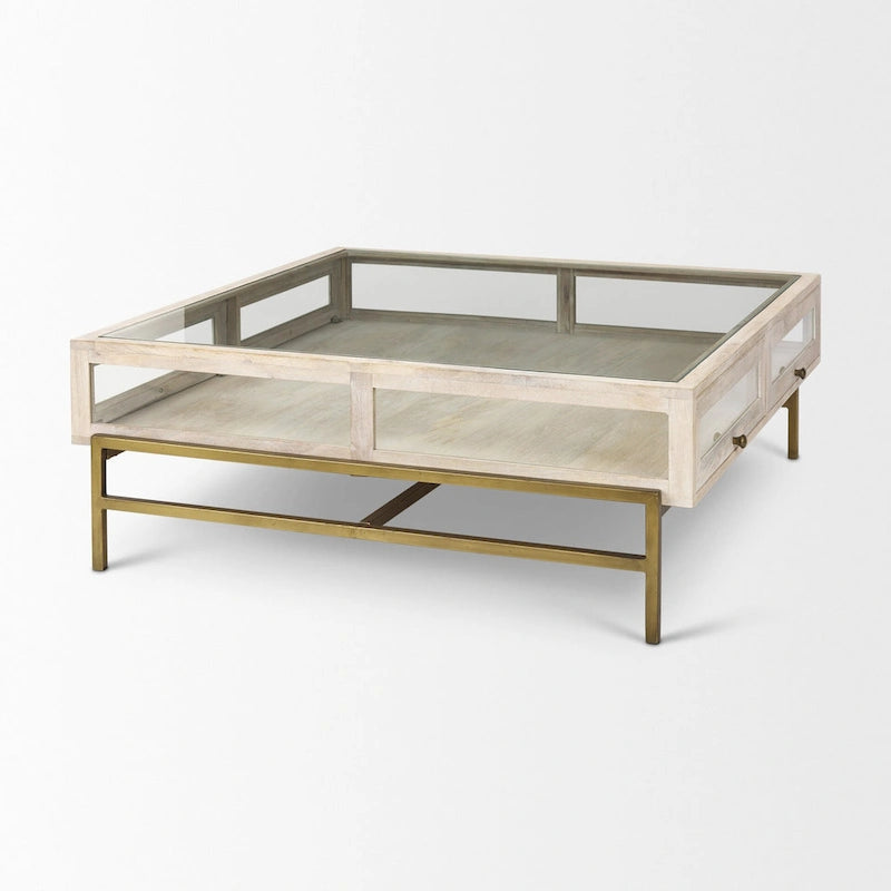 Table basse de rangement Off White Clear Gold en bois massif, verre et fer