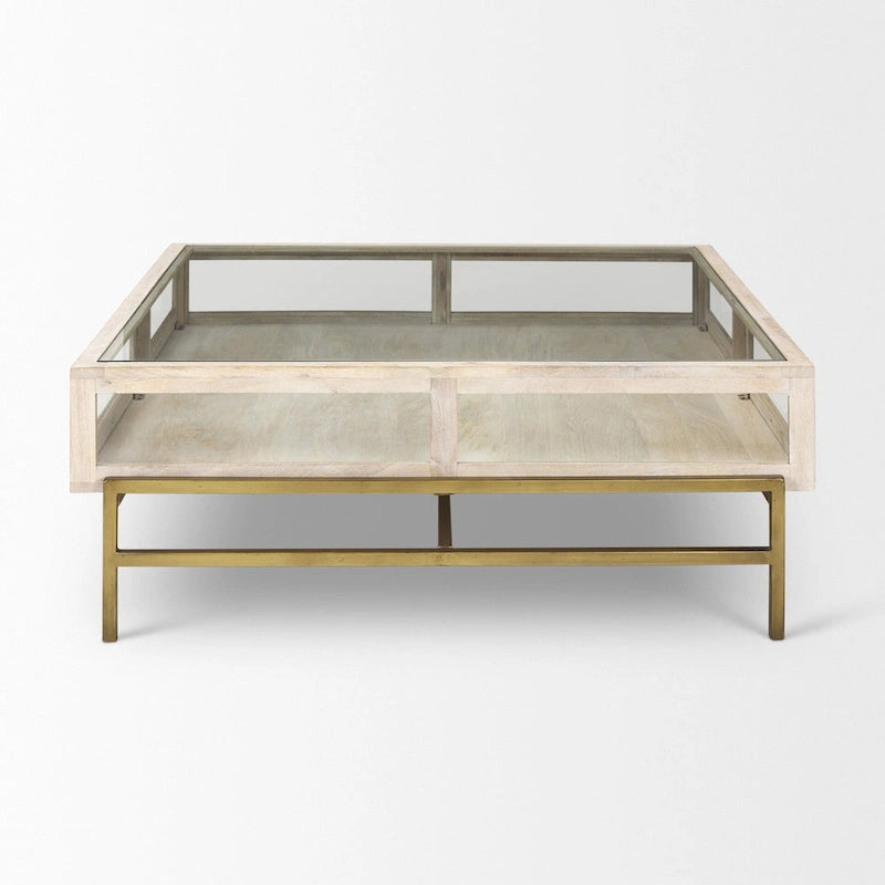 Table basse de rangement Off White Clear Gold en bois massif, verre et fer