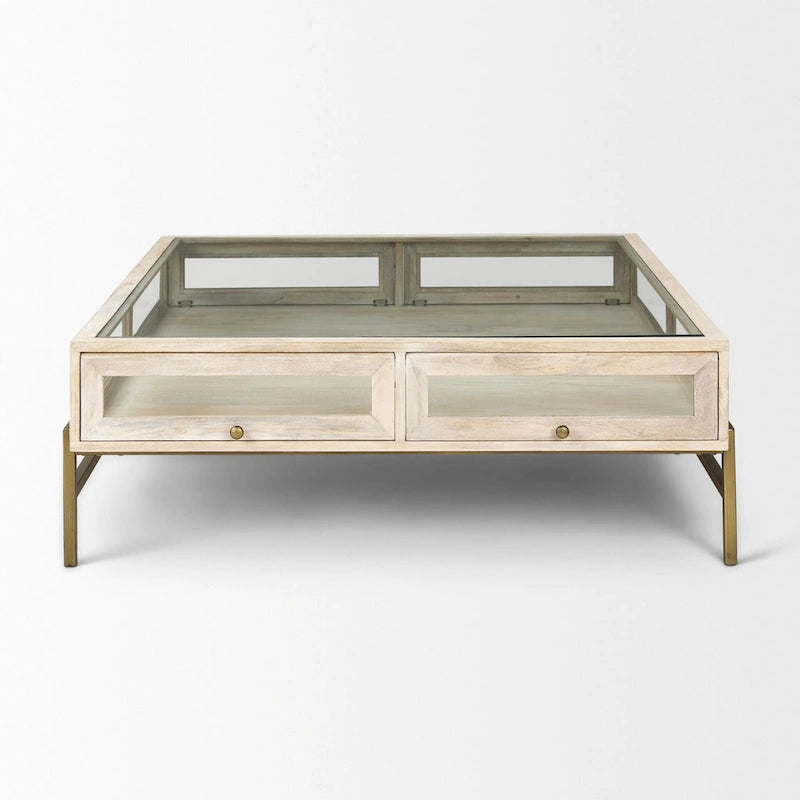 Table basse de rangement Off White Clear Gold en bois massif, verre et fer