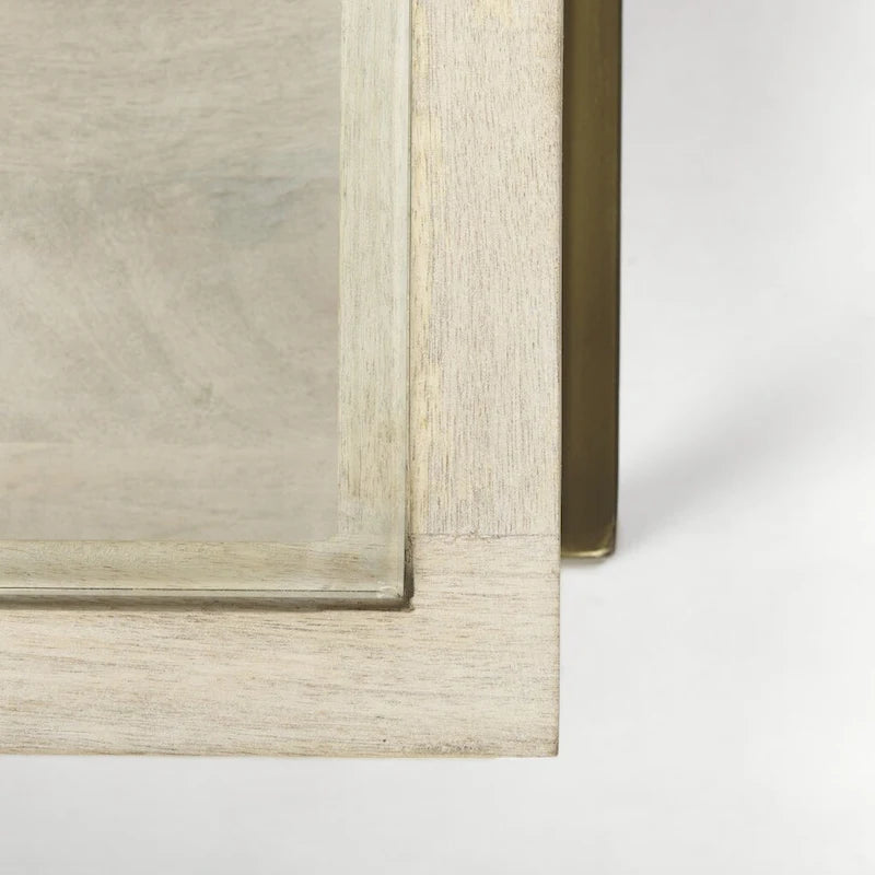 Table basse de rangement Off White Clear Gold en bois massif, verre et fer