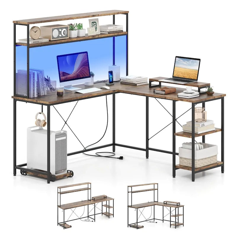 Bureau de jeu en L avec éclairage LED, prises électriques et étagère de rangement