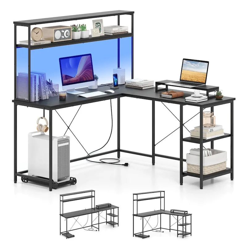 Bureau de jeu en L avec éclairage LED, prises électriques et étagère de rangement