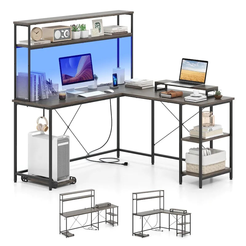 Bureau de jeu en L avec éclairage LED, prises électriques et étagère de rangement