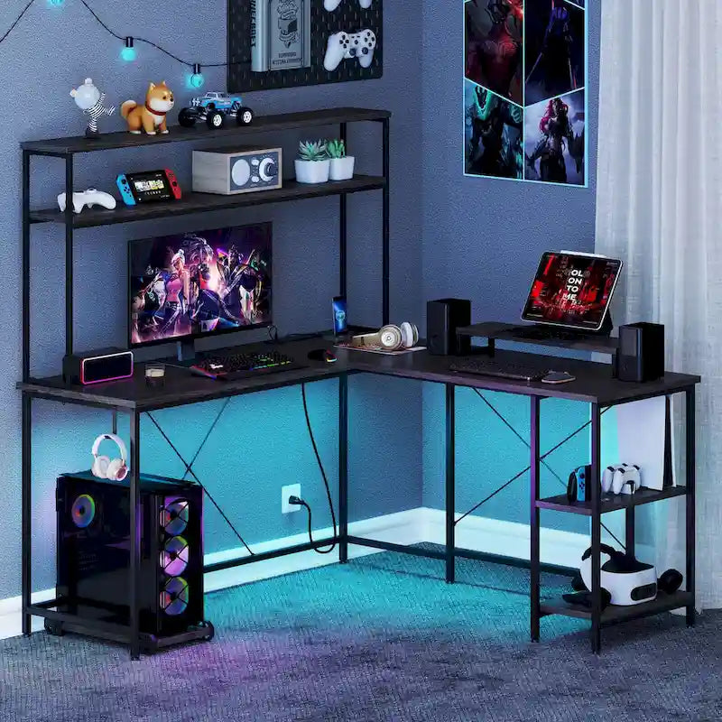 Bureau de jeu en L avec éclairage LED, prises électriques et étagère de rangement