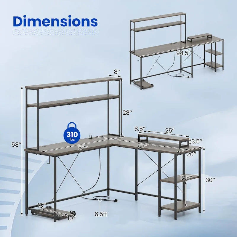 Bureau de jeu en L avec éclairage LED, prises électriques et étagère de rangement