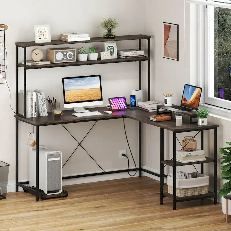 Bureau de jeu en L avec éclairage LED, prises électriques et étagère de rangement