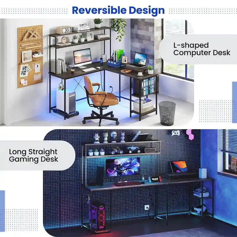 Bureau de jeu en L avec éclairage LED, prises électriques et étagère de rangement