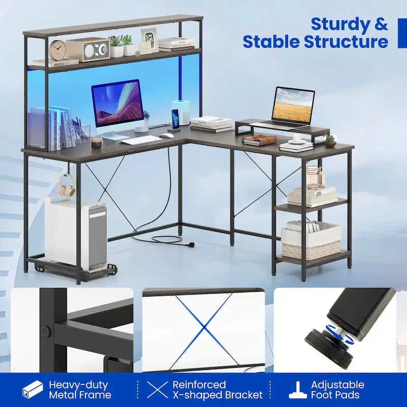 Bureau de jeu en L avec éclairage LED, prises électriques et étagère de rangement