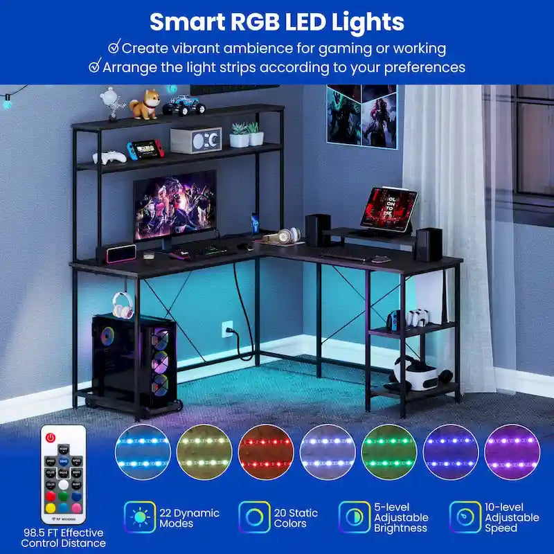 Bureau de jeu en L avec éclairage LED, prises électriques et étagère de rangement