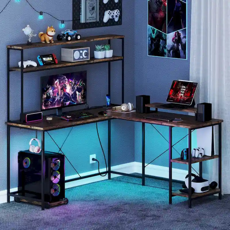 Bureau de jeu en L avec éclairage LED, prises électriques et étagère de rangement