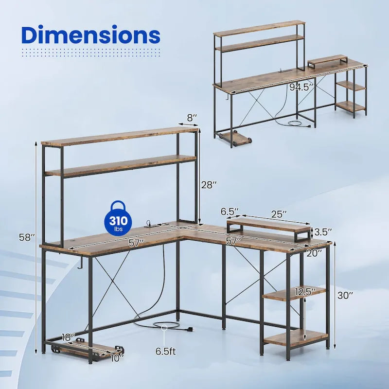 Bureau de jeu en L avec éclairage LED, prises électriques et étagère de rangement