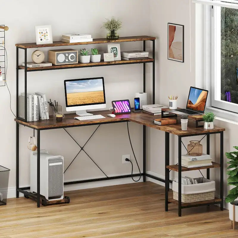 Bureau de jeu en L avec éclairage LED, prises électriques et étagère de rangement