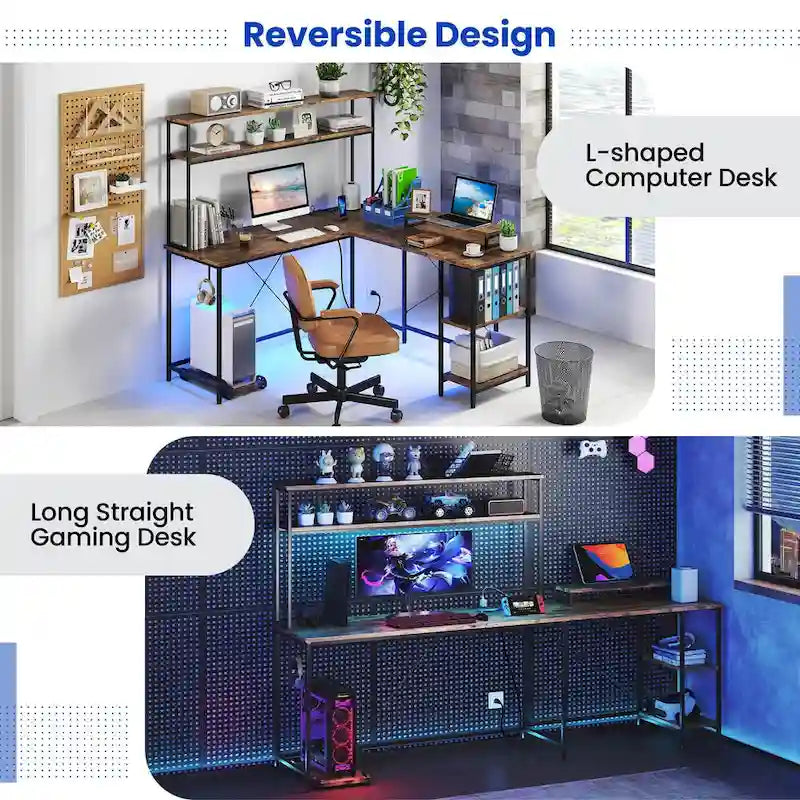 Bureau de jeu en L avec éclairage LED, prises électriques et étagère de rangement