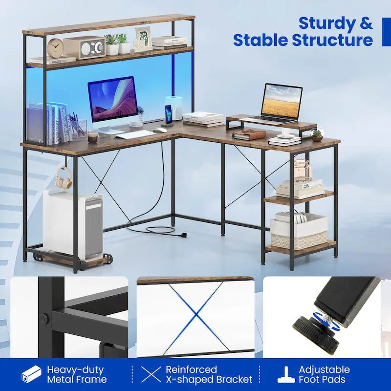 Bureau de jeu en L avec éclairage LED, prises électriques et étagère de rangement