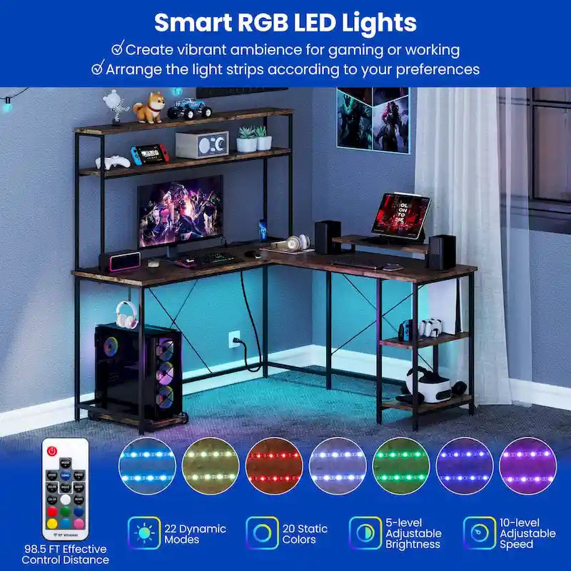 Bureau de jeu en L avec éclairage LED, prises électriques et étagère de rangement