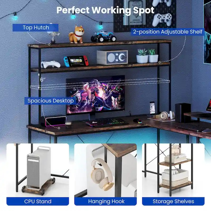 Bureau de jeu en L avec éclairage LED, prises électriques et étagère de rangement