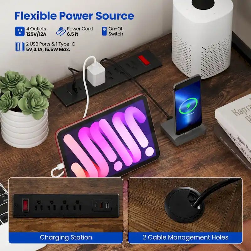 Bureau de jeu en L avec éclairage LED, prises électriques et étagère de rangement
