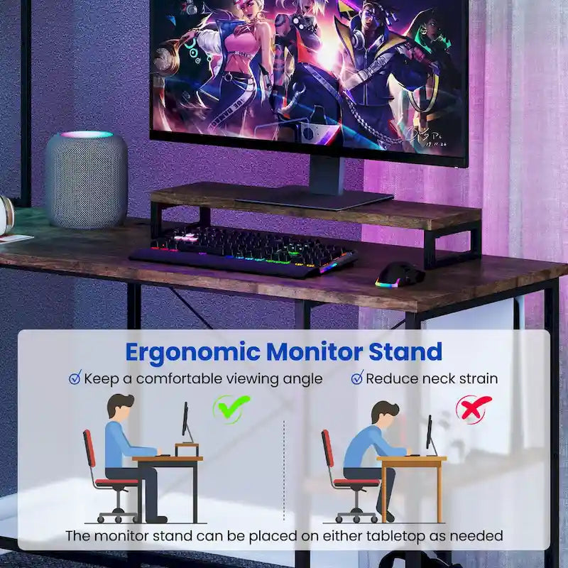 Bureau de jeu en L avec éclairage LED, prises électriques et étagère de rangement