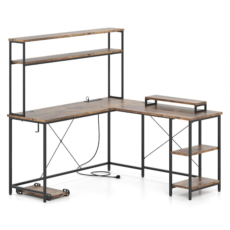 Bureau de jeu en L avec éclairage LED, prises électriques et étagère de rangement