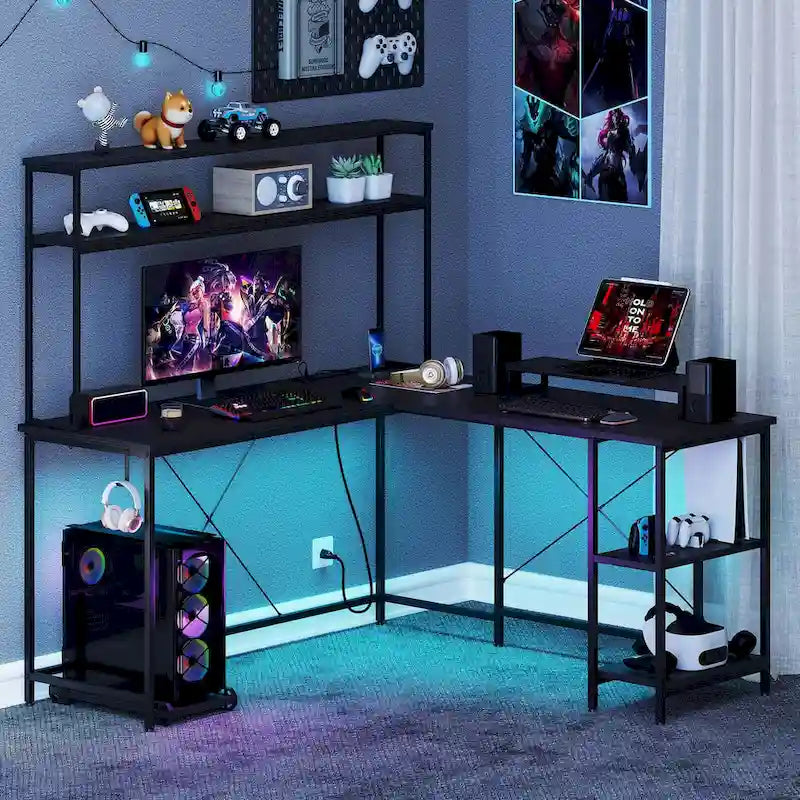 Bureau de jeu en L avec éclairage LED, prises électriques et étagère de rangement