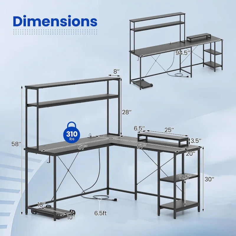 Bureau de jeu en L avec éclairage LED, prises électriques et étagère de rangement