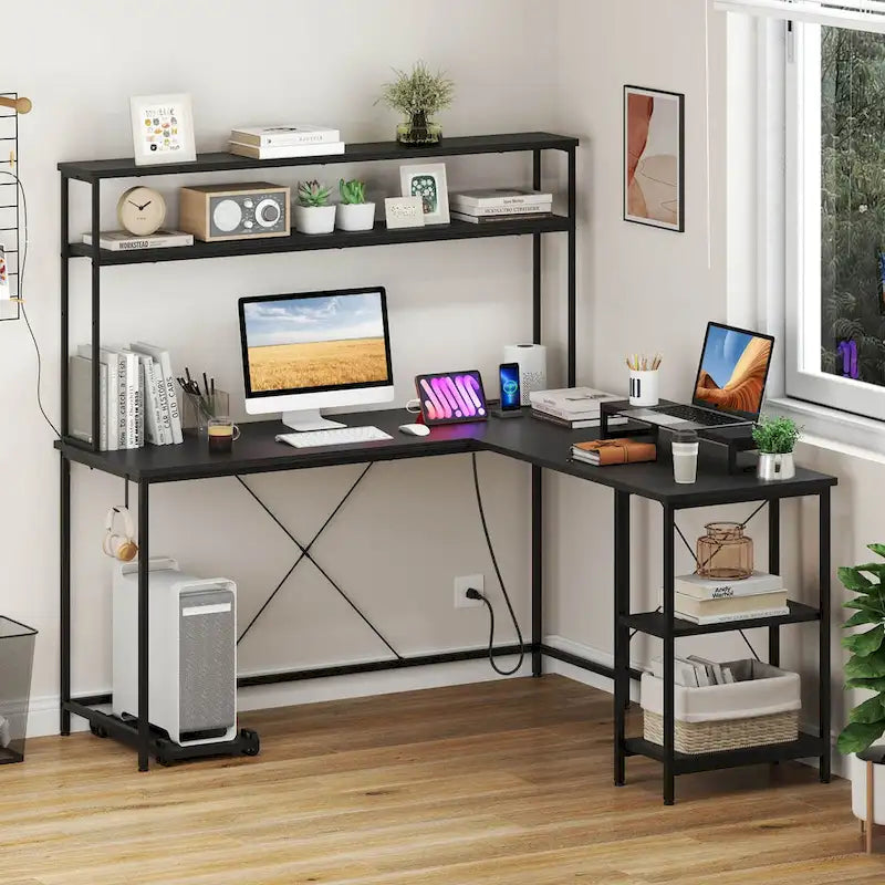 Bureau de jeu en L avec éclairage LED, prises électriques et étagère de rangement