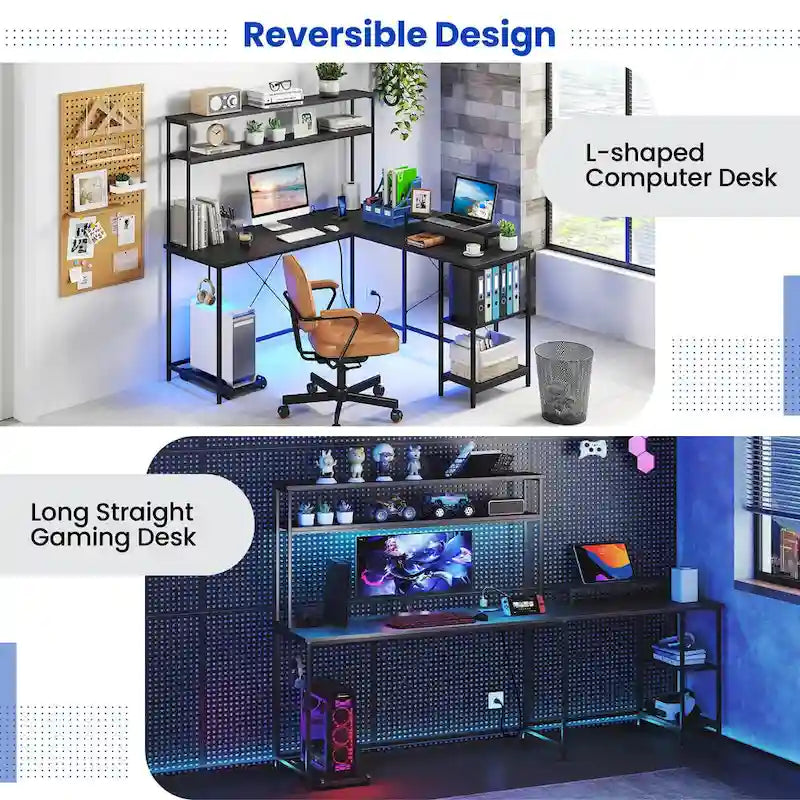 Bureau de jeu en L avec éclairage LED, prises électriques et étagère de rangement