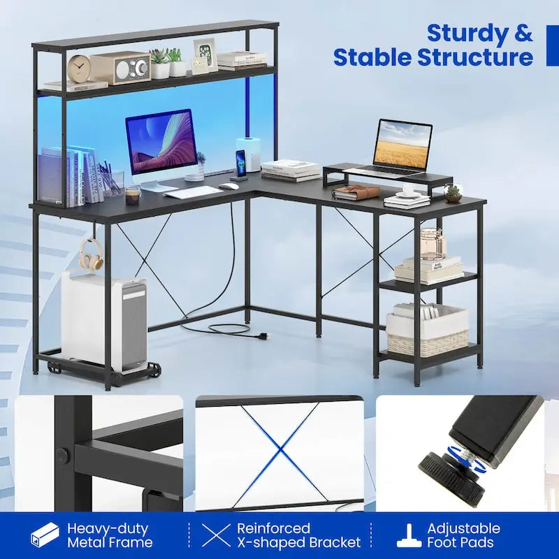 Bureau de jeu en L avec éclairage LED, prises électriques et étagère de rangement