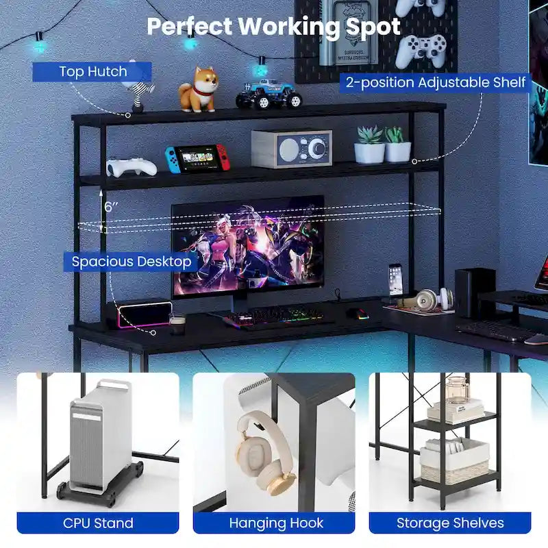 Bureau de jeu en L avec éclairage LED, prises électriques et étagère de rangement