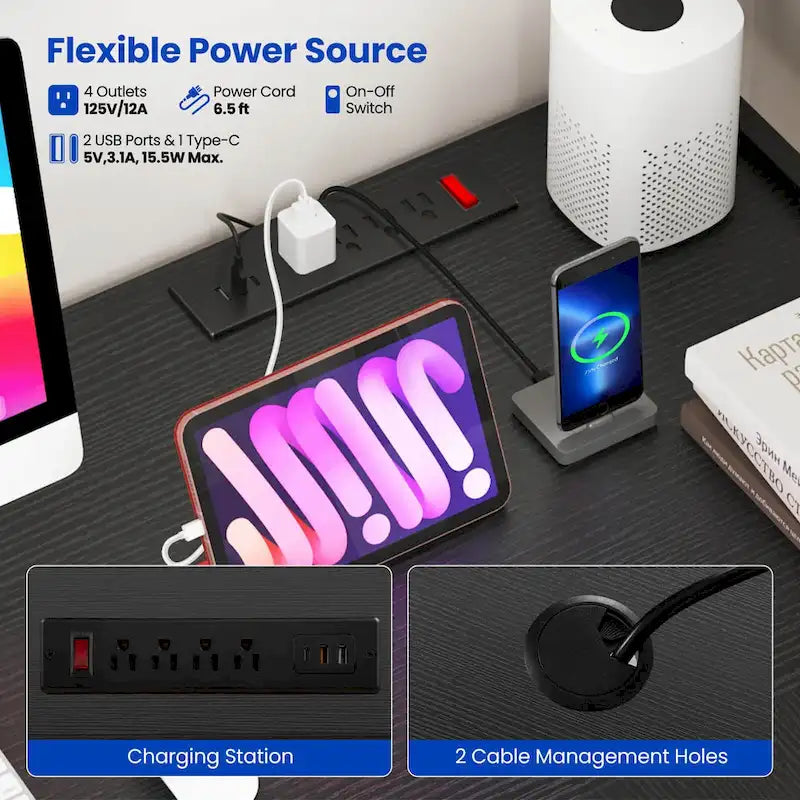 Bureau de jeu en L avec éclairage LED, prises électriques et étagère de rangement