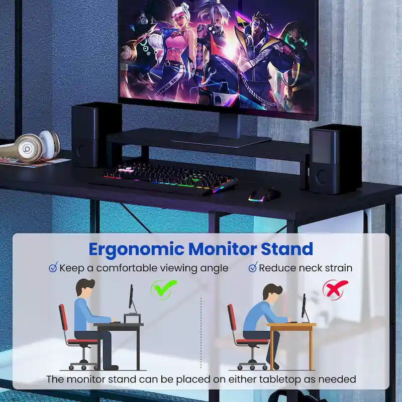 Bureau de jeu en L avec éclairage LED, prises électriques et étagère de rangement