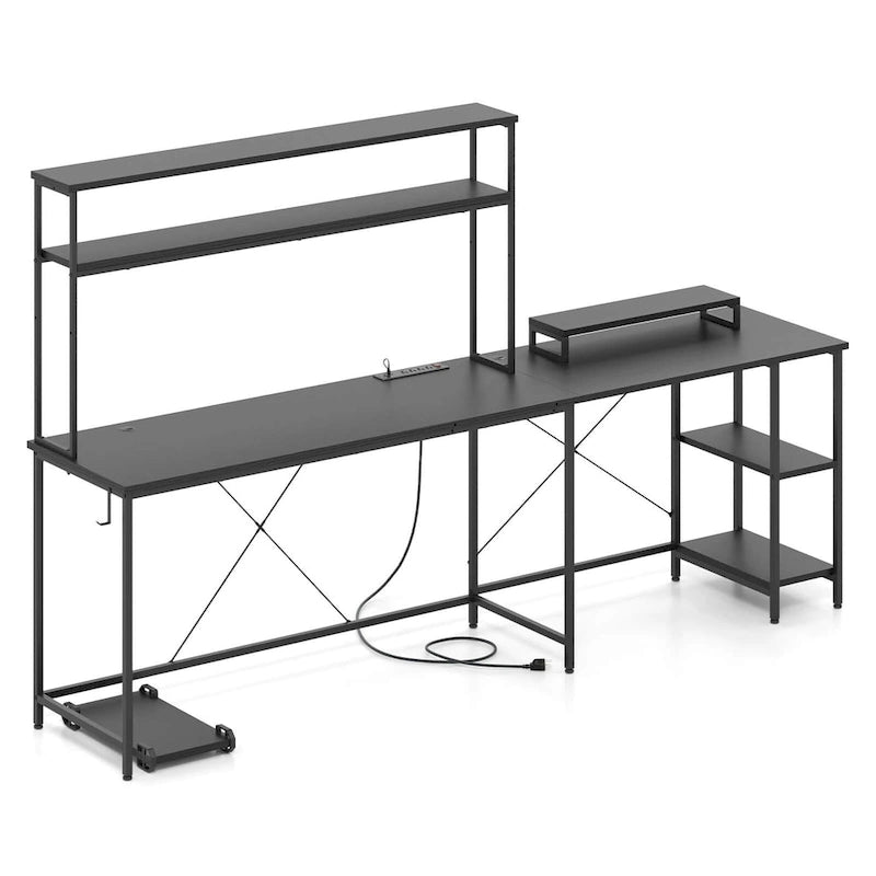 Bureau de jeu en L avec éclairage LED, prises électriques et étagère de rangement
