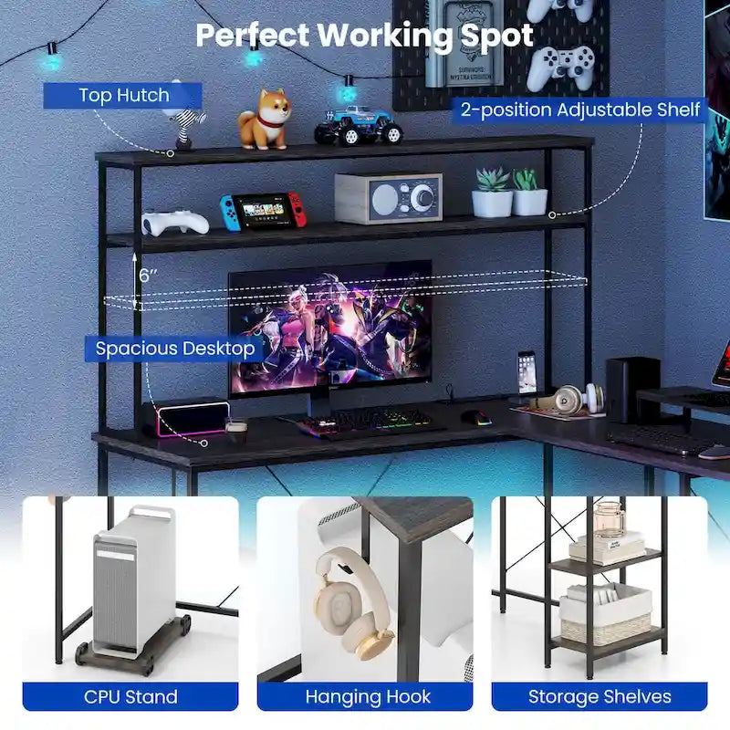 Bureau de jeu en L avec éclairage LED, prises électriques et étagère de rangement
